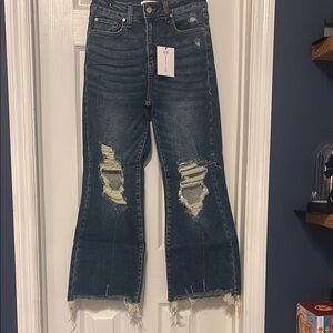 Zenana Outfitters Dark Blue Distressed Flare Jeans